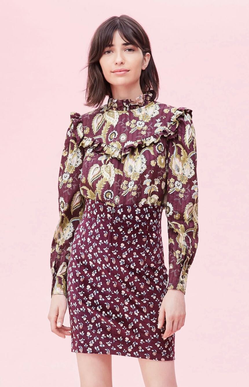 La Vie Rebecca Taylor Cherise Fleur Velvet Lined Skirt Mahogany